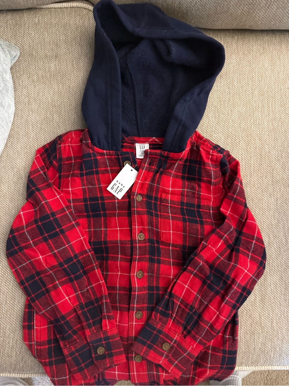 GAP Red & Navy Plaid Hooded Button-Down Shirt
